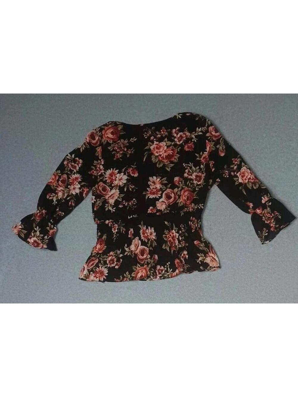 Moa Moa 3/4 Ruffled Sleeve Peplum Blouse Womens Size Small Black With Pink... - Picture 8 of 11